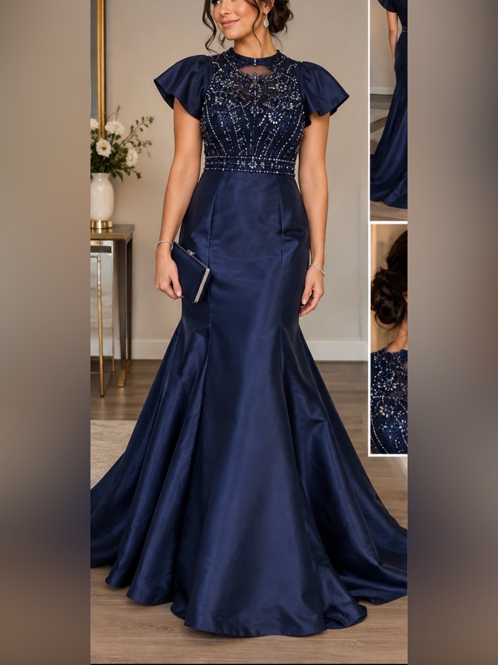 XSCAPE Beaded Mermaid Navy Blue Off Shoulder Dress
